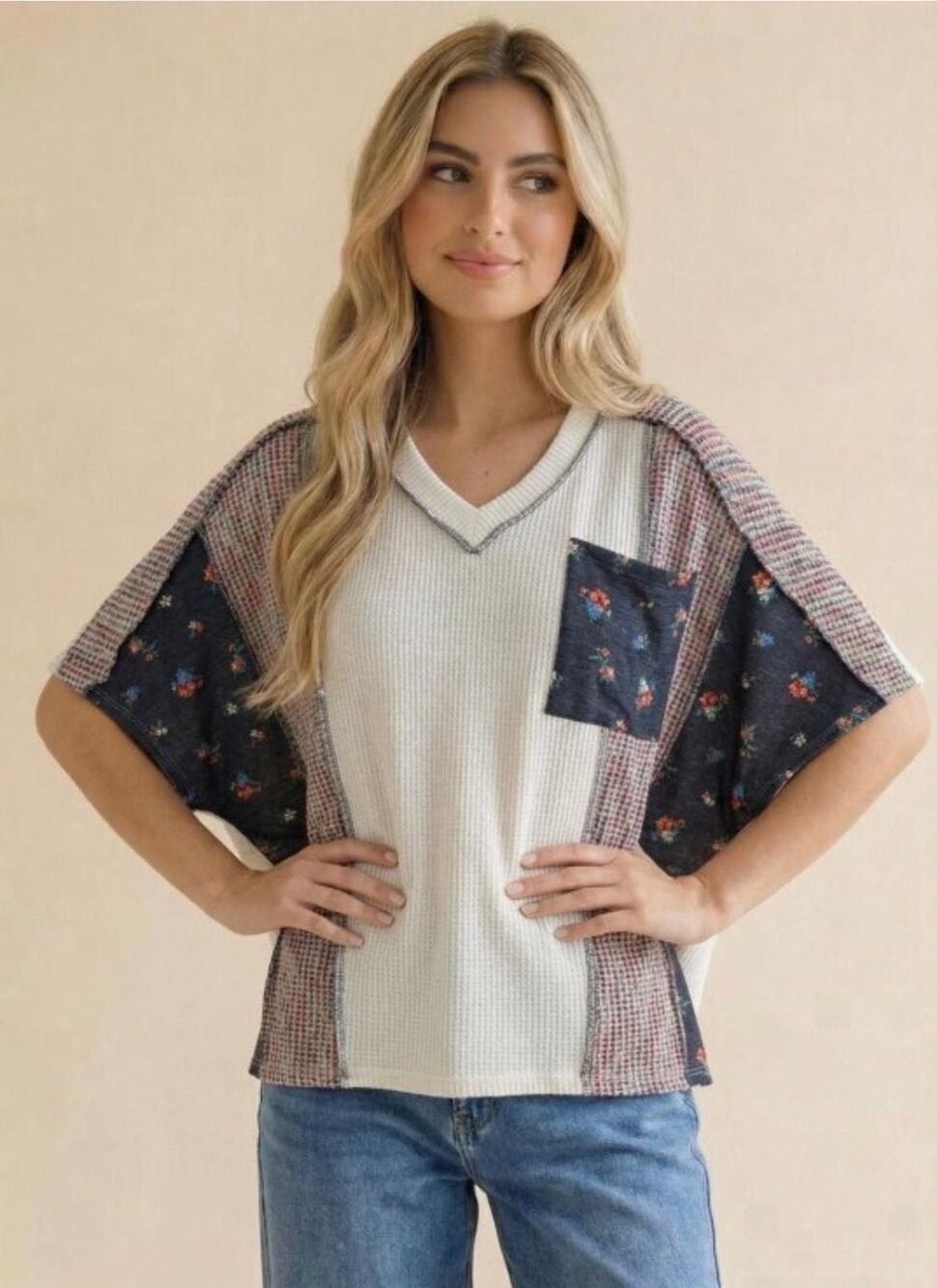 Haptics Multicolor Mixed Print Oversized V-Neck Top Size 2X